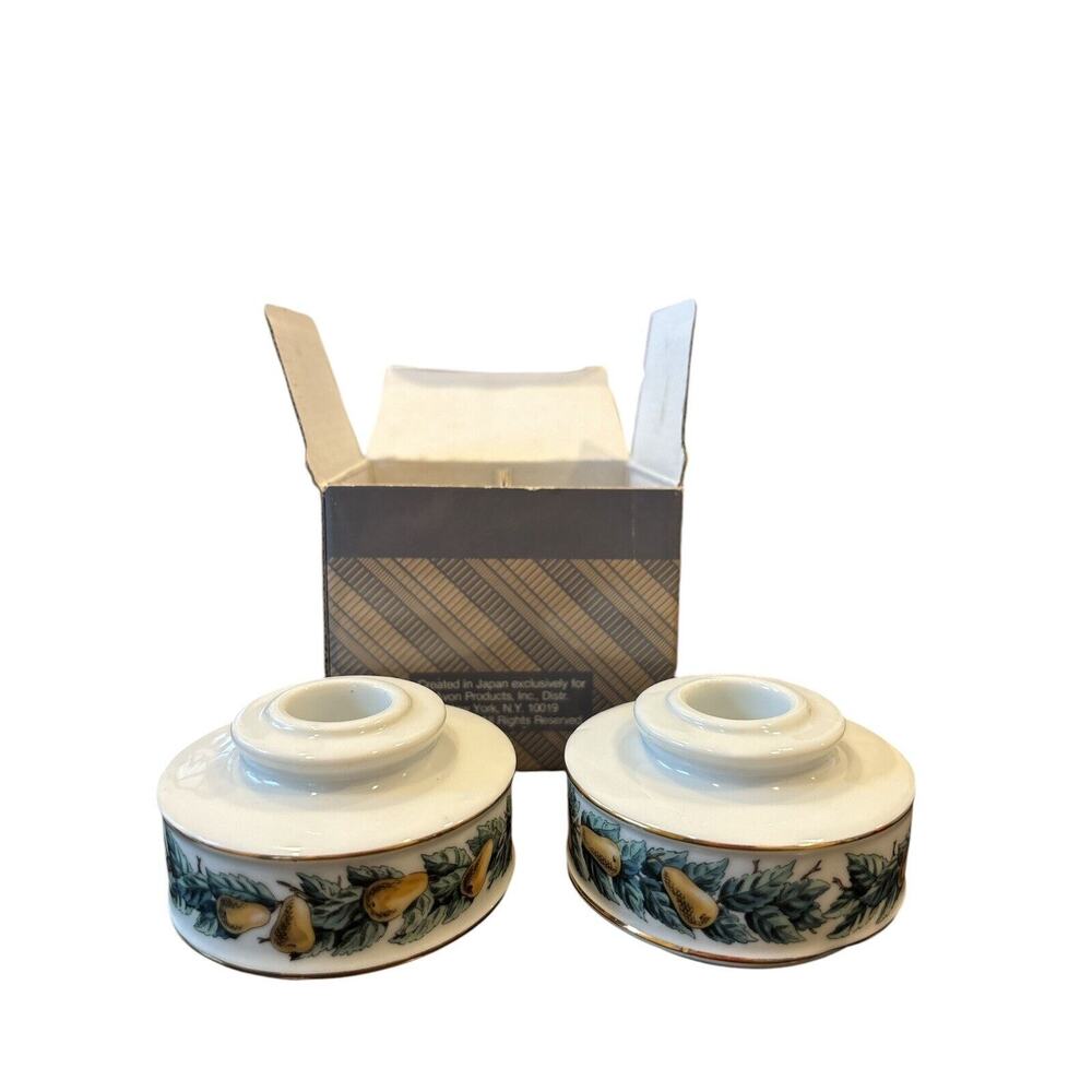 Vintage Avon Porcelain Round Candleholders Partridge With Pears Leaves Gold Trim
